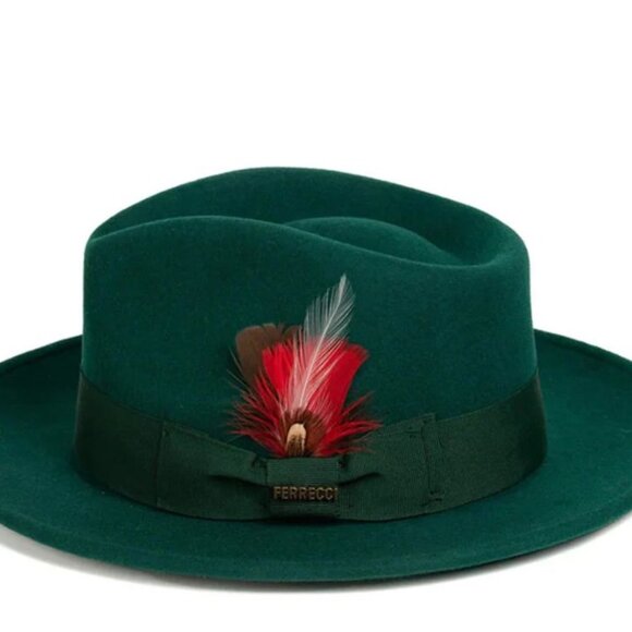 Ferrecci Green Wool Fedora Hat With Red Feather Accent Stylish Formal Design For - Picture 2 of 16
